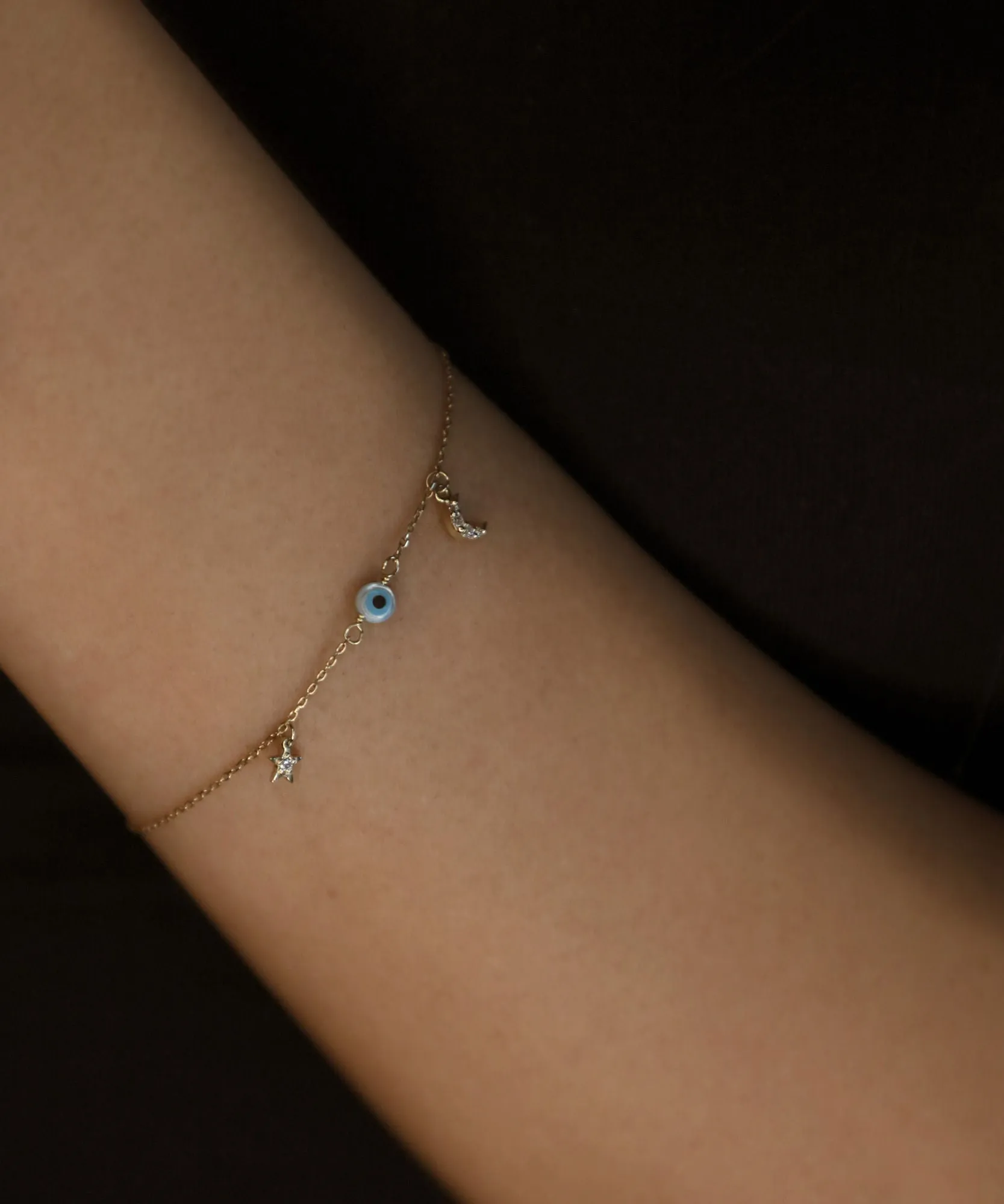 Star Evil Eye Half Moon 18K White Gold Bracelet w. Diamonds