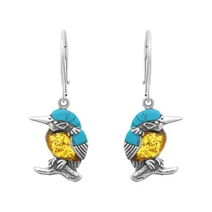 Sterling Silver Amber Turquoise Kingfisher Small Hook Drop Earrings
