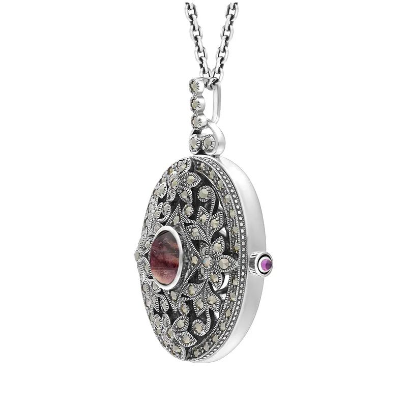 Sterling Silver Blue John Marcasite Large Oval Flower Edge Locket Necklace