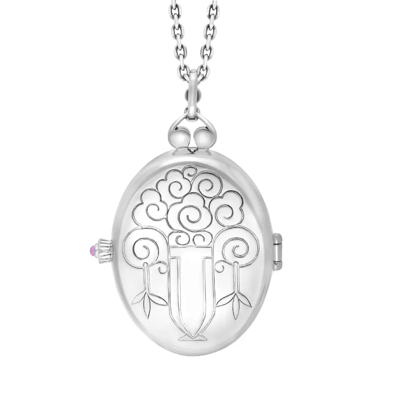 Sterling Silver Blue John Marcasite Large Oval Flower Edge Locket Necklace