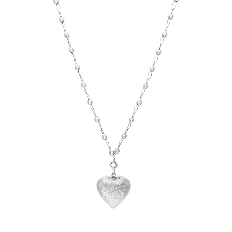 Sterling Silver Large Hammered Heart Beaded Chain Necklace D