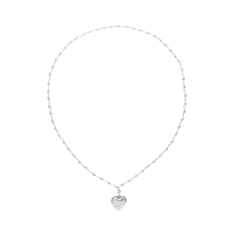 Sterling Silver Large Hammered Heart Beaded Chain Necklace D