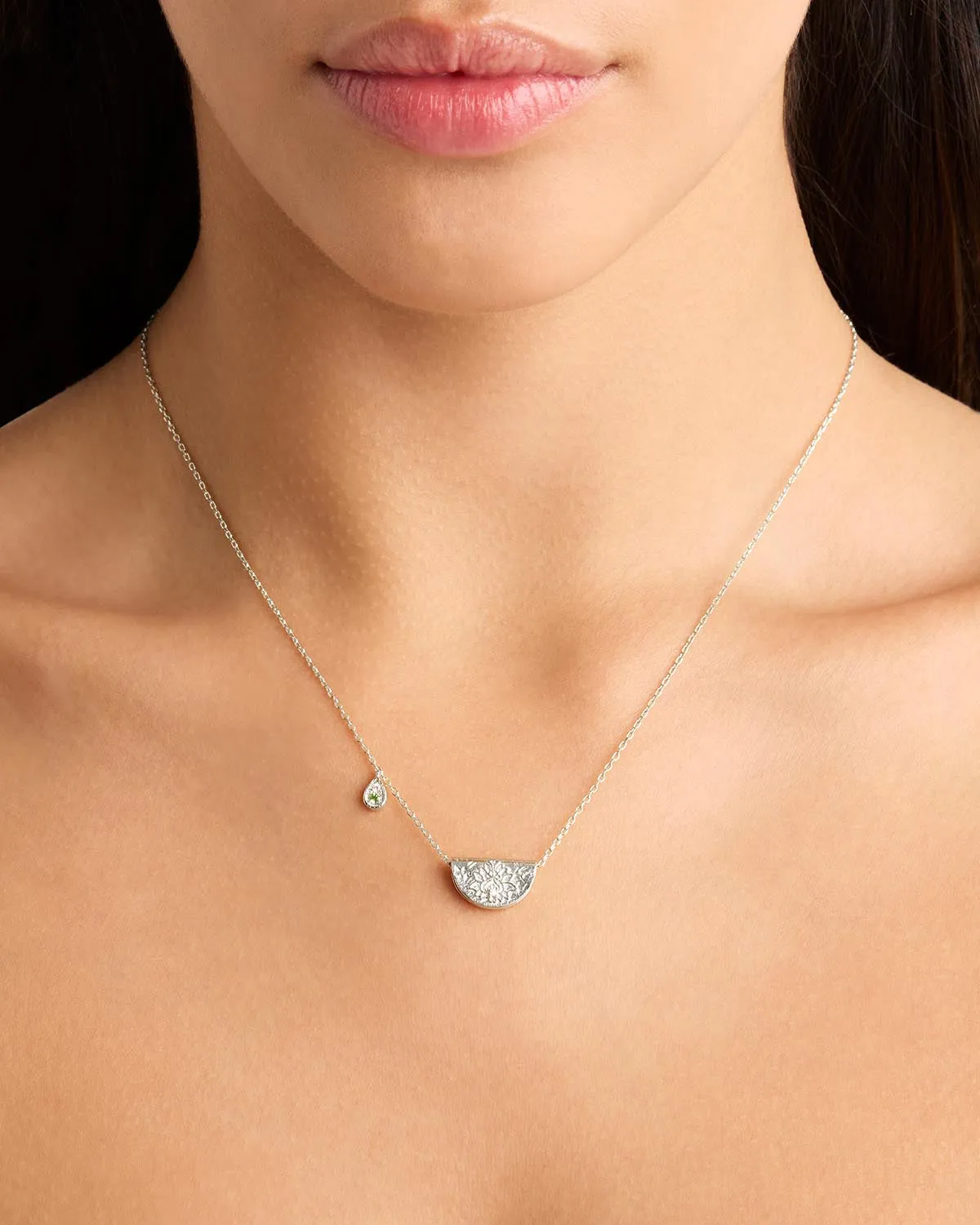 Sterling Silver Lotus Birthstone Necklace - August - Peridot Bycharlotte