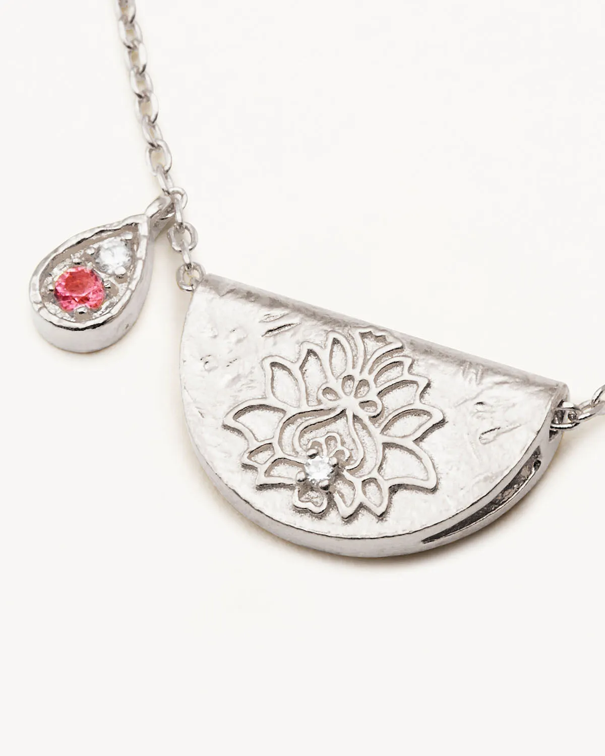 Sterling Silver Lotus Birthstone Necklace - October - Pink Tourmaline Bycharlotte