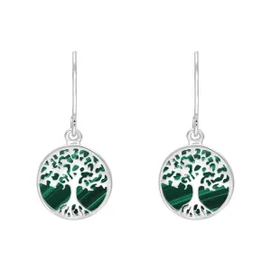 Sterling Silver Malachite Round Tree of Life Drop Earrings