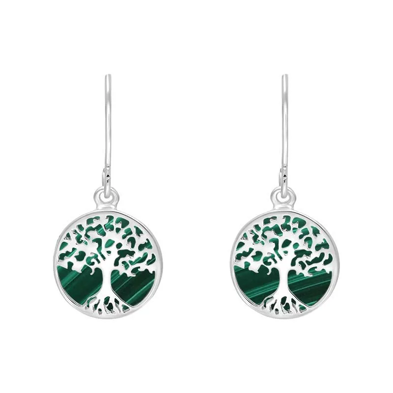 Sterling Silver Malachite Round Tree of Life Drop Earrings