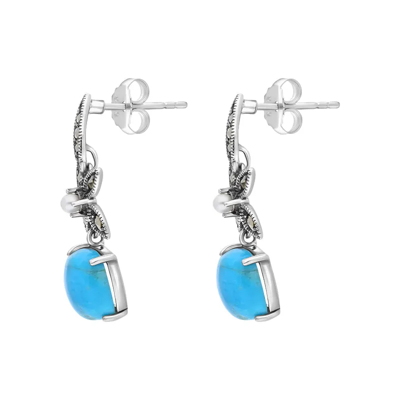 Sterling Silver Turquoise Marcasite Pearl Flower Top Drop Earrings