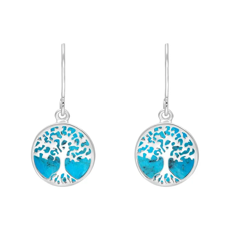 Sterling Silver Turquoise Round Tree of Life Drop Earrings