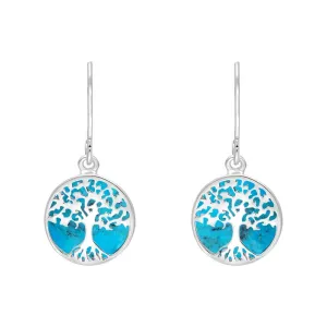 Sterling Silver Turquoise Round Tree of Life Drop Earrings