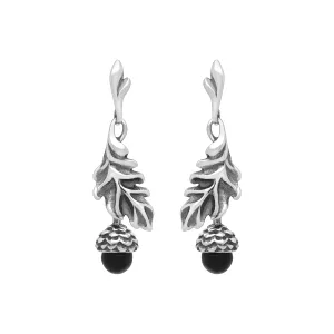 Sterling Silver Whitby Jet Acorn Leaf Drop Earrings