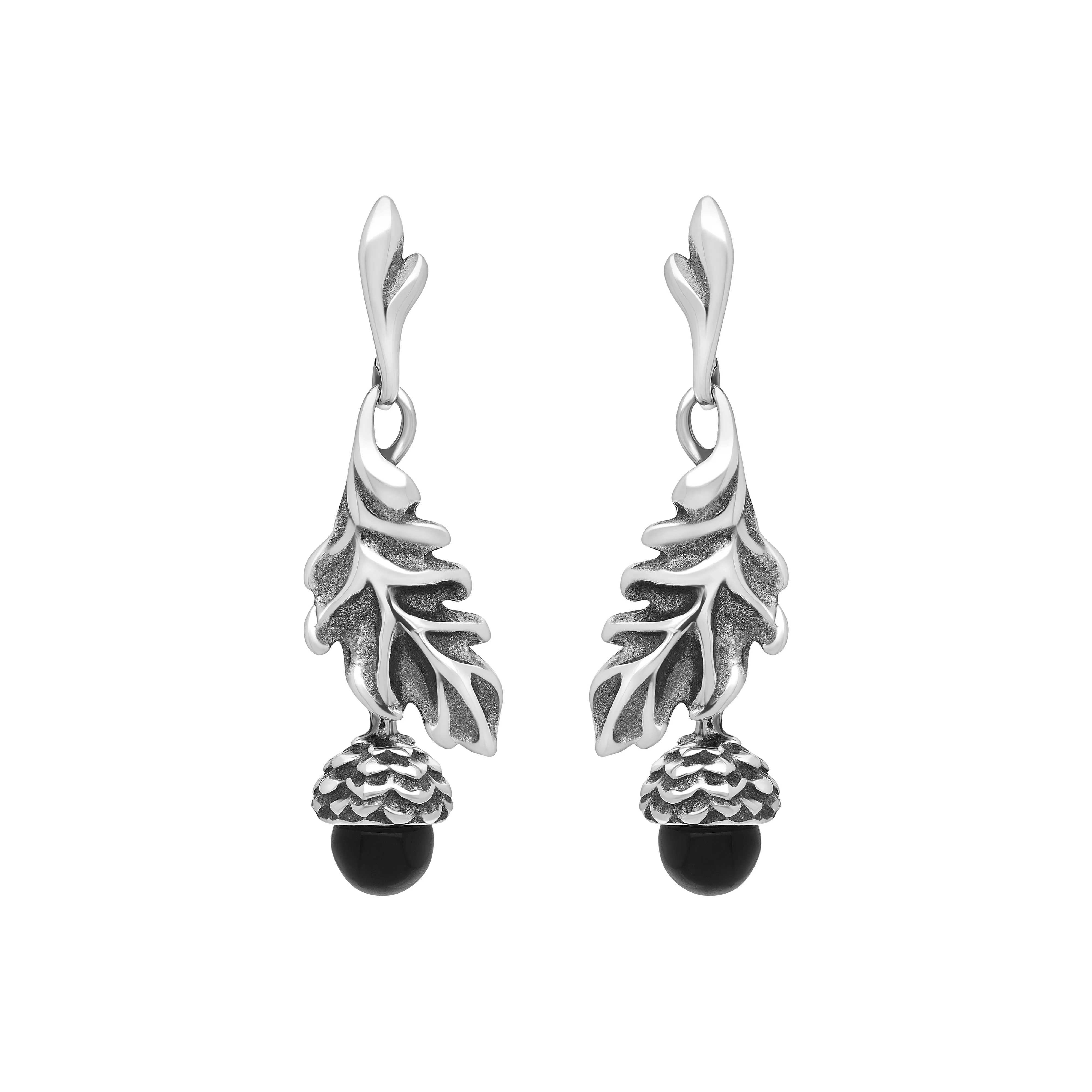Sterling Silver Whitby Jet Acorn Leaf Drop Earrings