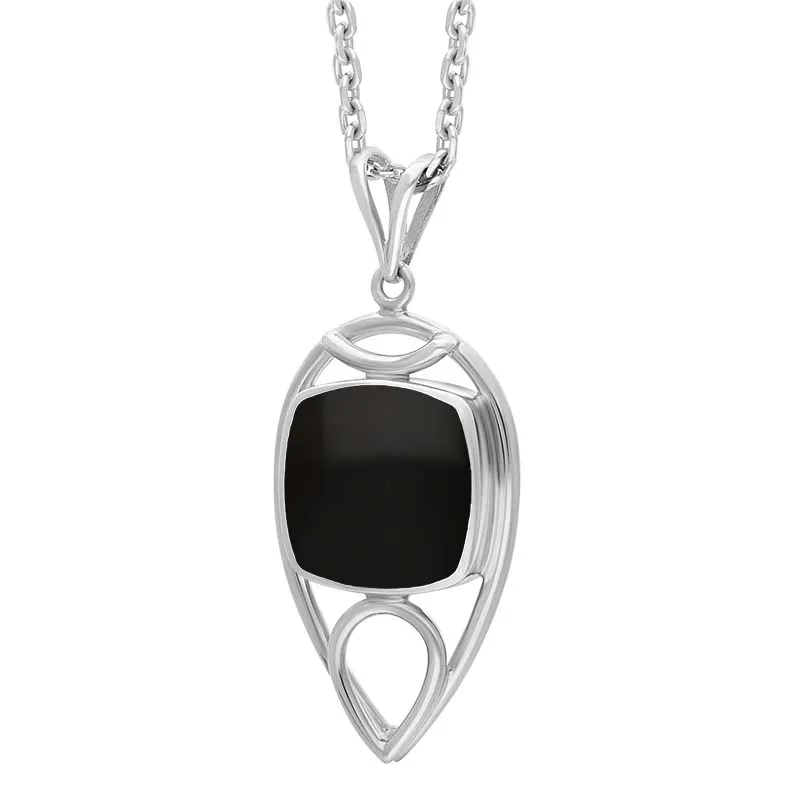 Sterling Silver Whitby Jet Cushion Stone Tear Drop Open Frame Necklace