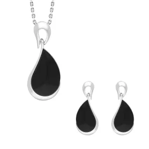 Sterling Silver Whitby Jet Organic Curved Pear Drop Two Piece Set