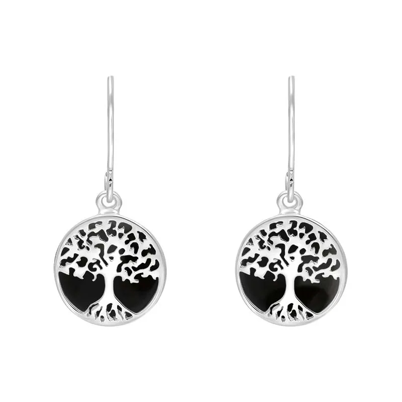Sterling Silver Whitby Jet Round Tree of Life Drop Earrings