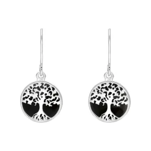 Sterling Silver Whitby Jet Round Tree of Life Drop Earrings