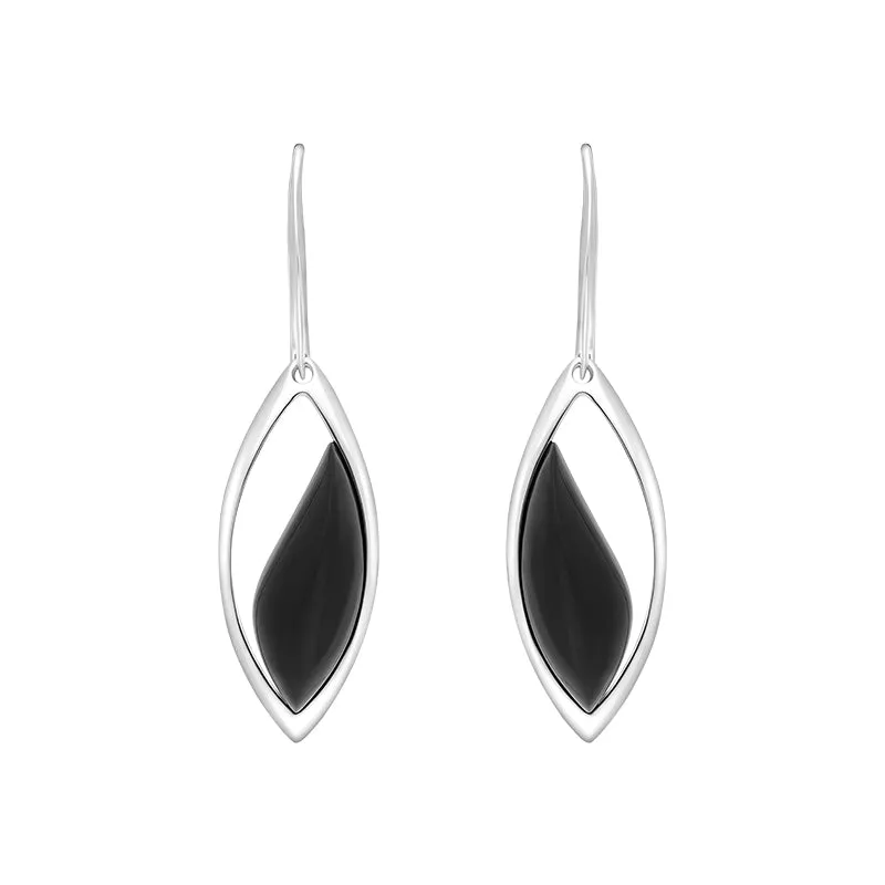 Sterling Silver Whitby Jet Wavy Marquise Open Drop Earrings