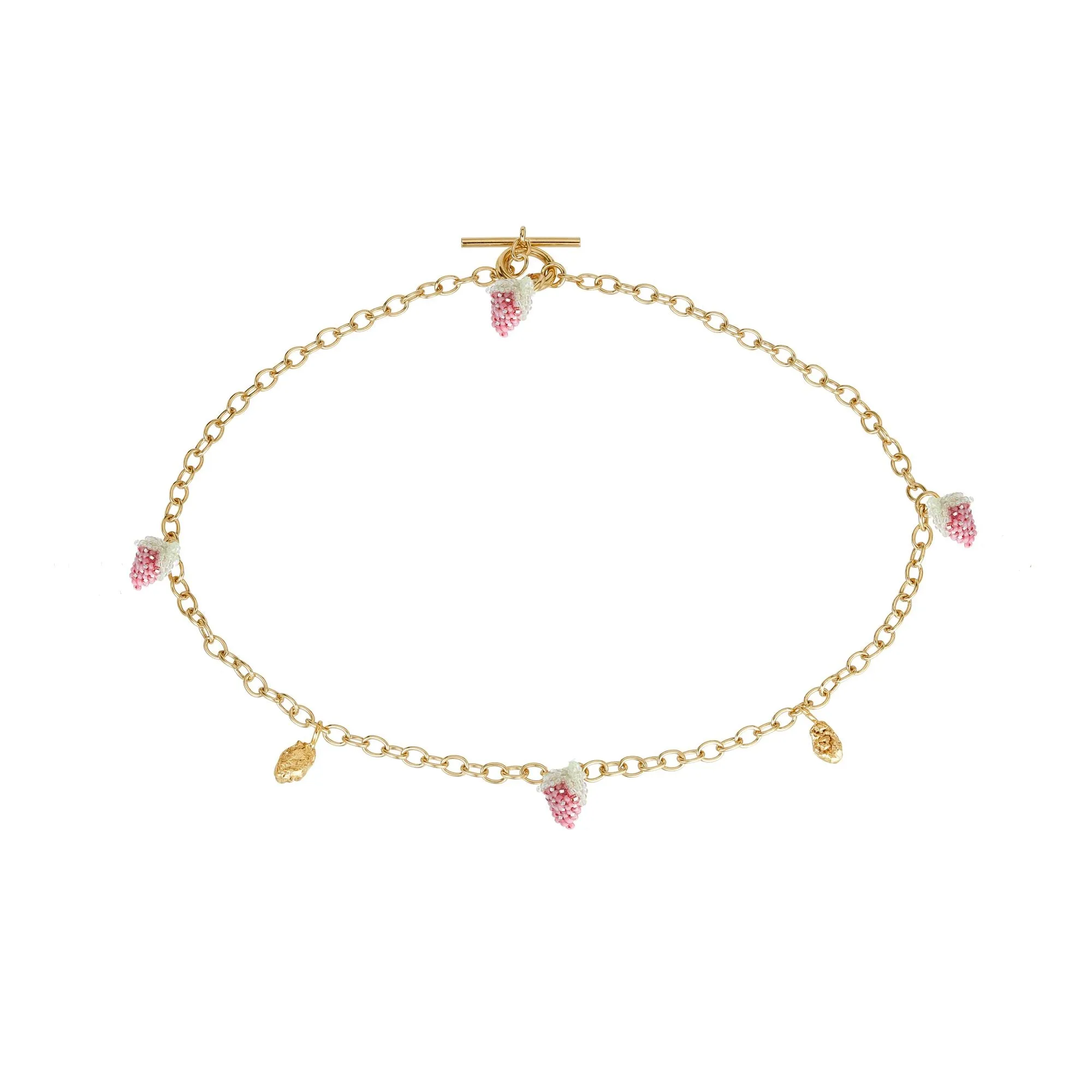 Strawberry Blob Necklace Gold Plated, Pink Beads