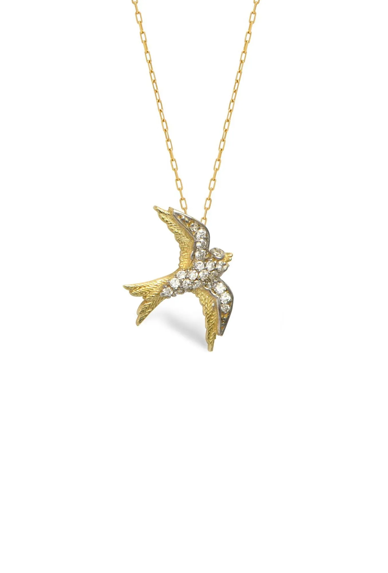 Swallow Bird 14K Gold Necklace w. Diamonds