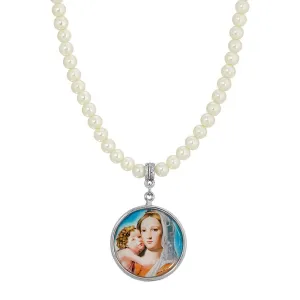 Symbols Of Faith 5mm Faux Pearl Strand Round Mary and Child Pendant Necklace  15"   3" Extender 1928 Jewelry