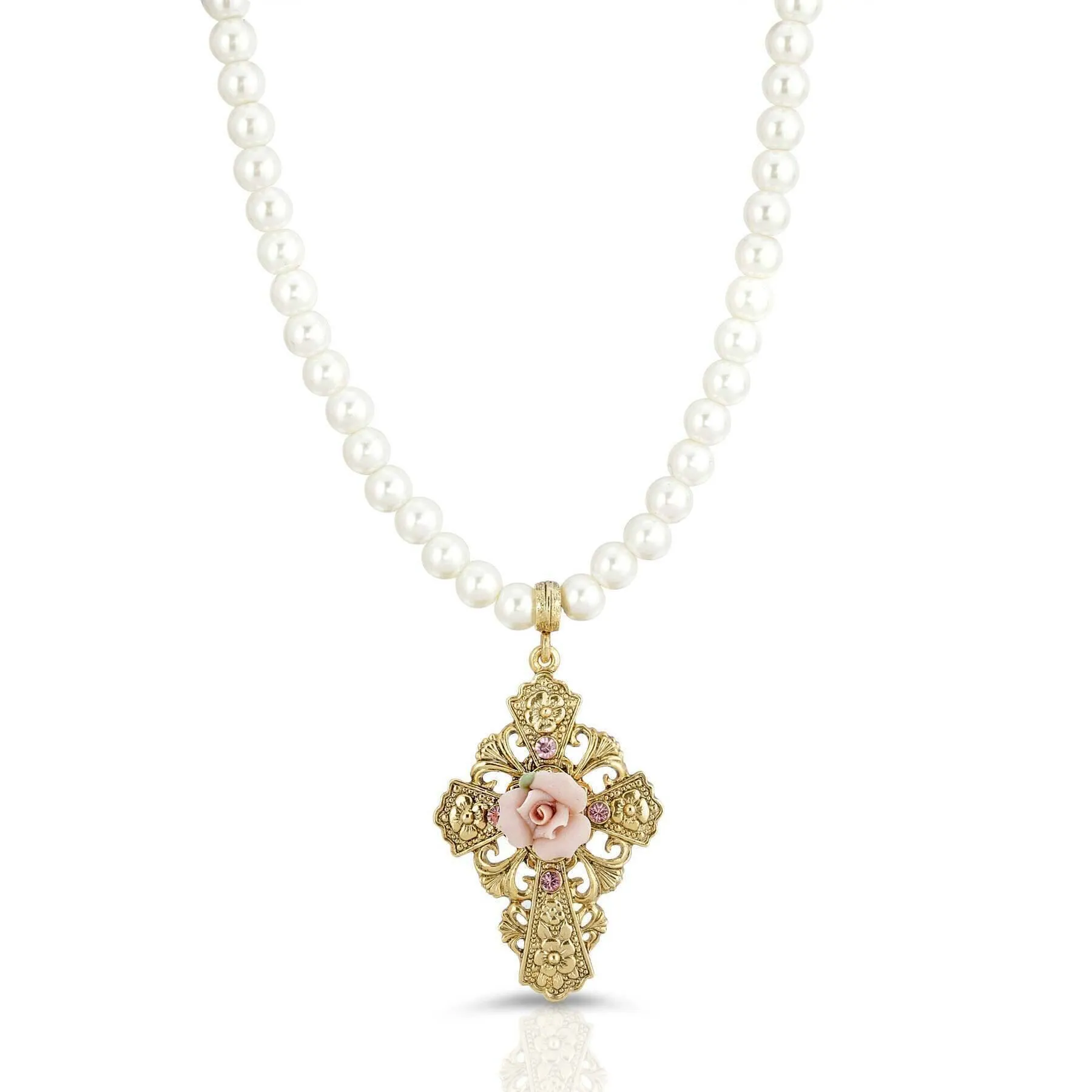 Symbols Of Faith 6mm Faux Pearl Strand Pink Porcelain Rose Flower Pendant Crystal Necklace 15"   3" Extender 1928 Jewelry
