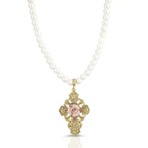 Symbols Of Faith 6mm Faux Pearl Strand Pink Porcelain Rose Flower Pendant Crystal Necklace 15"   3" Extender 1928 Jewelry