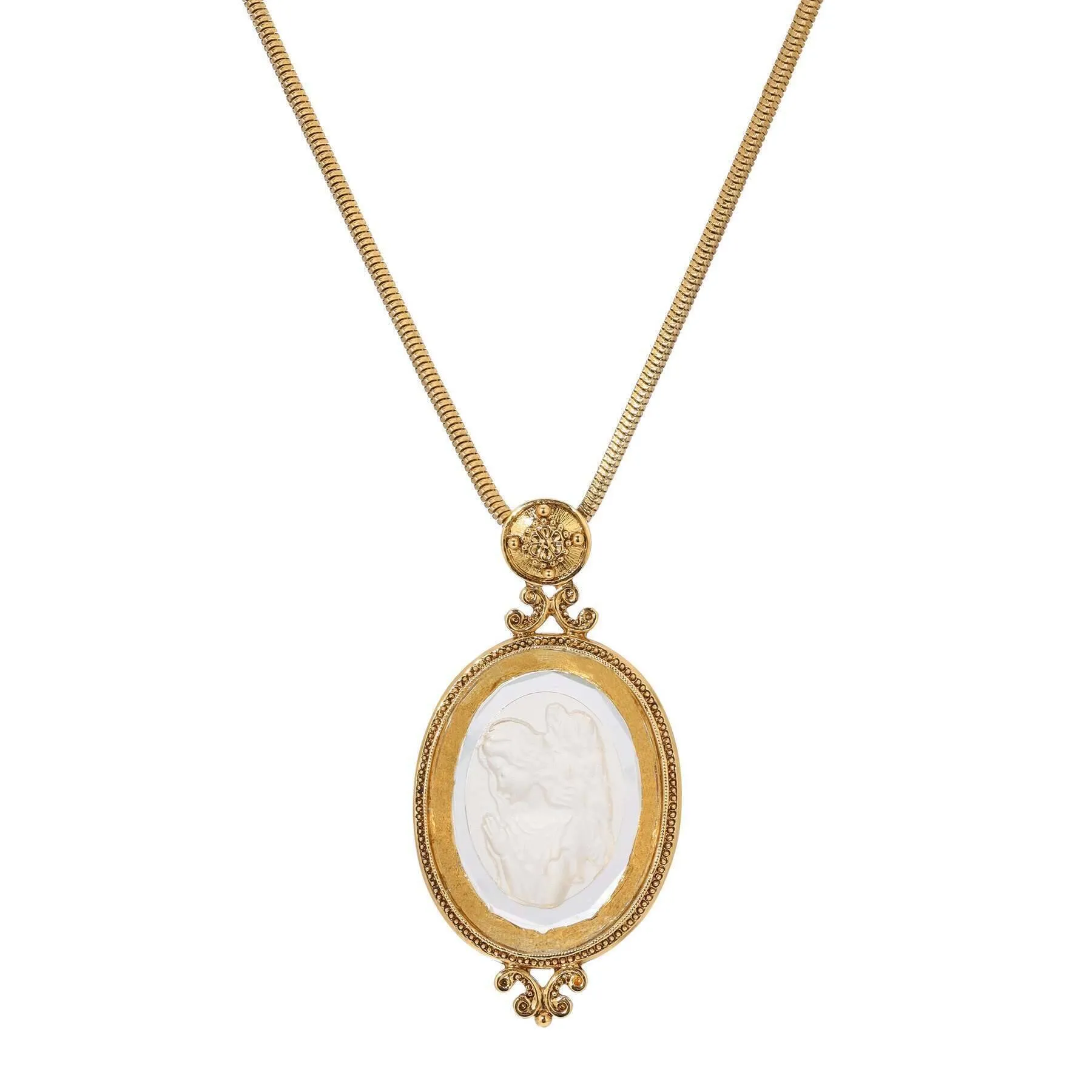 Symbols Of Faith Angel In Prayer Oval Glass Intaglio Pendant Necklace 30" 1928 Jewelry