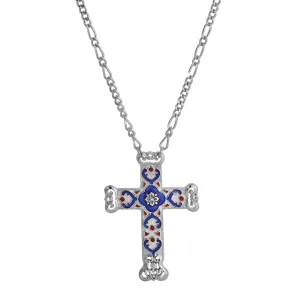Symbols Of Faith Antigua Enamel Cross & Heart Pendant Necklace 28"L 1928 Jewelry