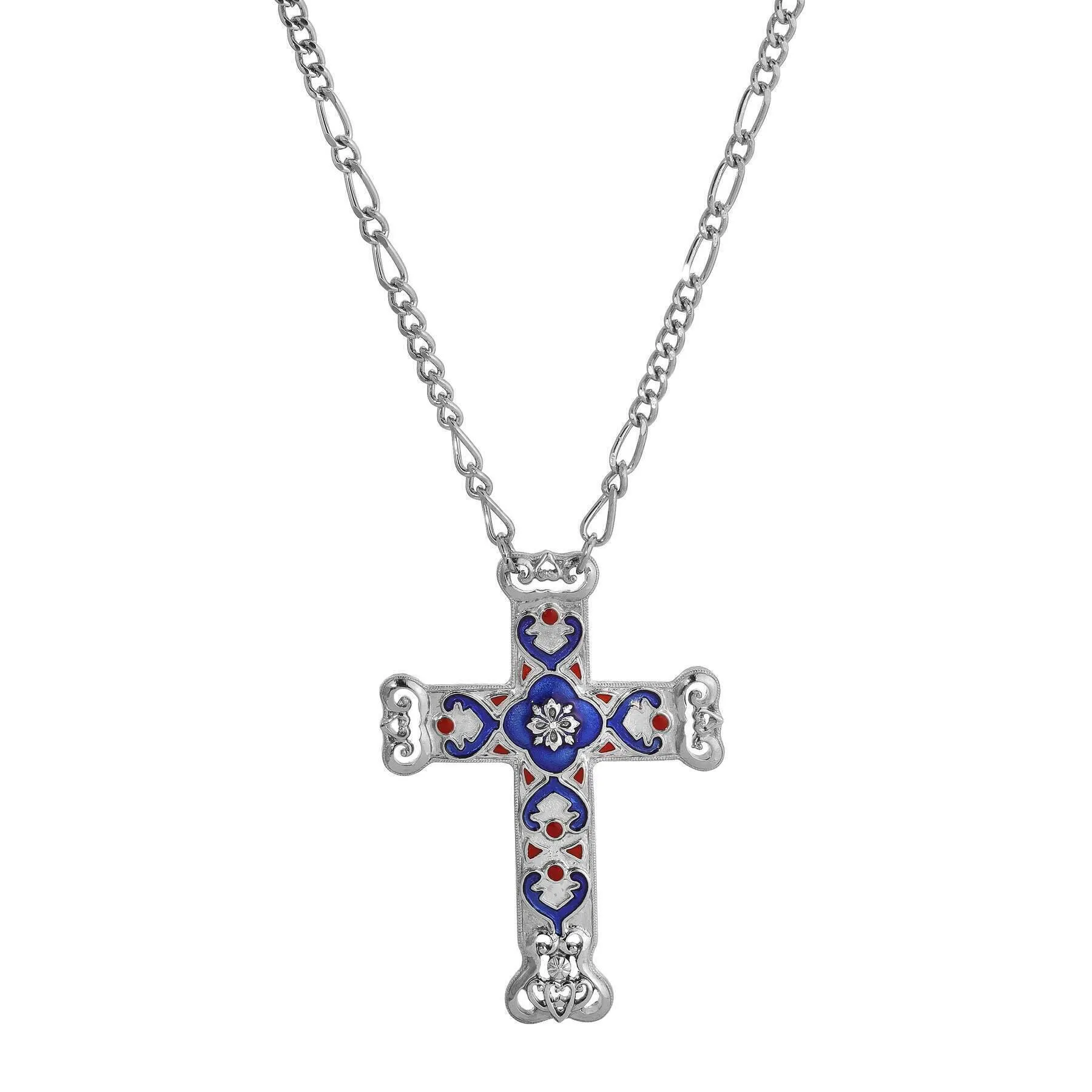 Symbols Of Faith Antigua Enamel Cross & Heart Pendant Necklace 28"L 1928 Jewelry