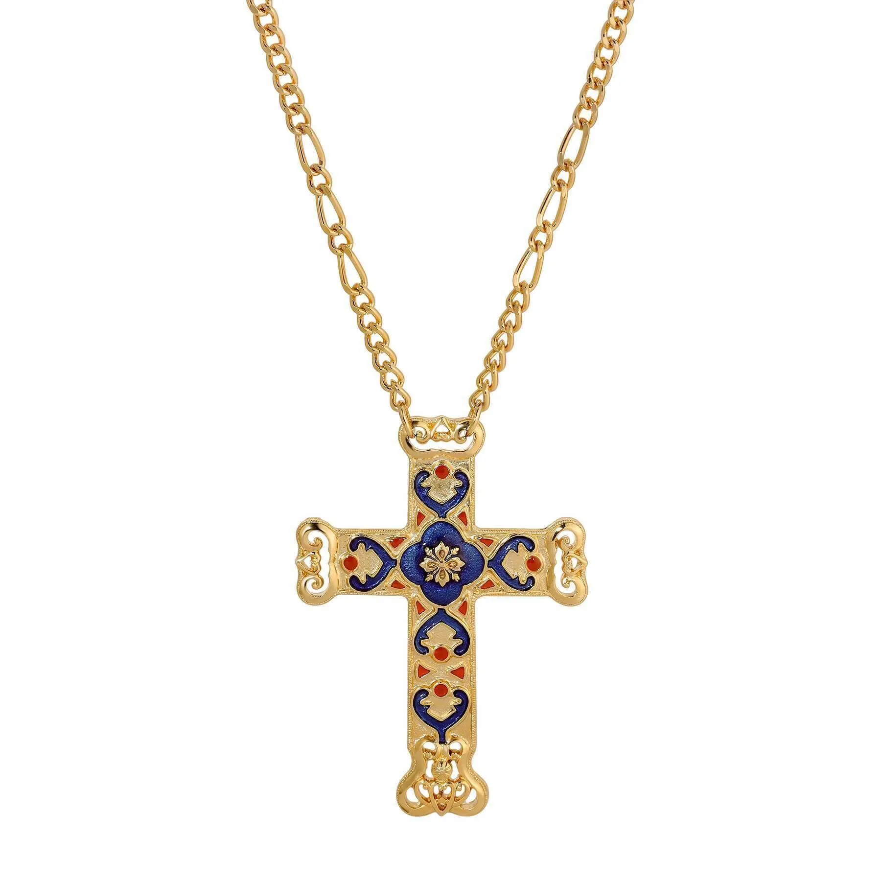 Symbols Of Faith Antigua Enamel Cross & Heart Pendant Necklace 28"L 1928 Jewelry