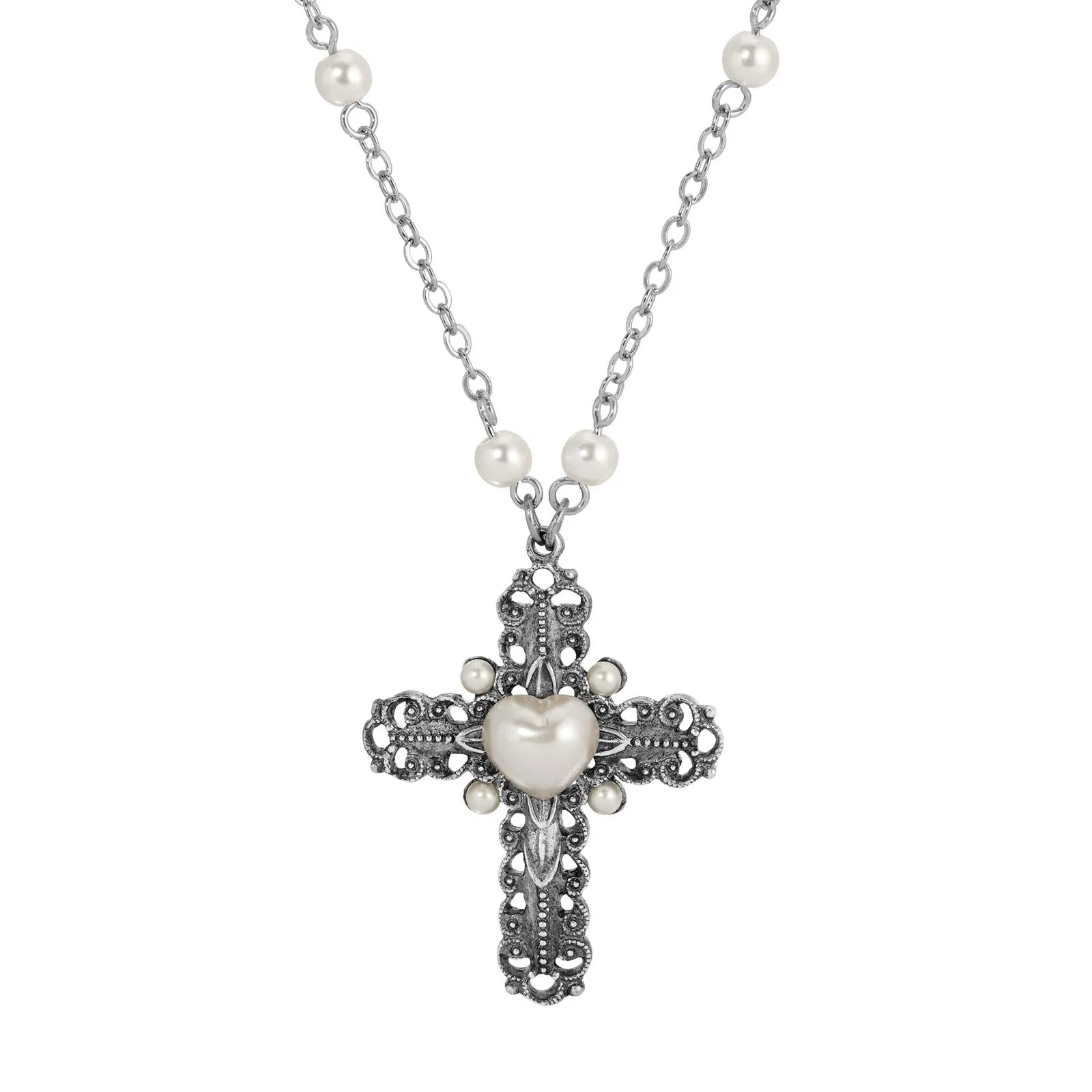 Symbols of Faith Antiqued Cross & Faux Pearl Cable Chain Necklace 24" 1928 Jewelry