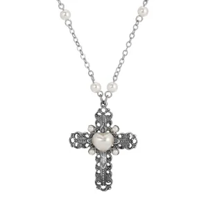 Symbols of Faith Antiqued Cross & Faux Pearl Cable Chain Necklace 24" 1928 Jewelry