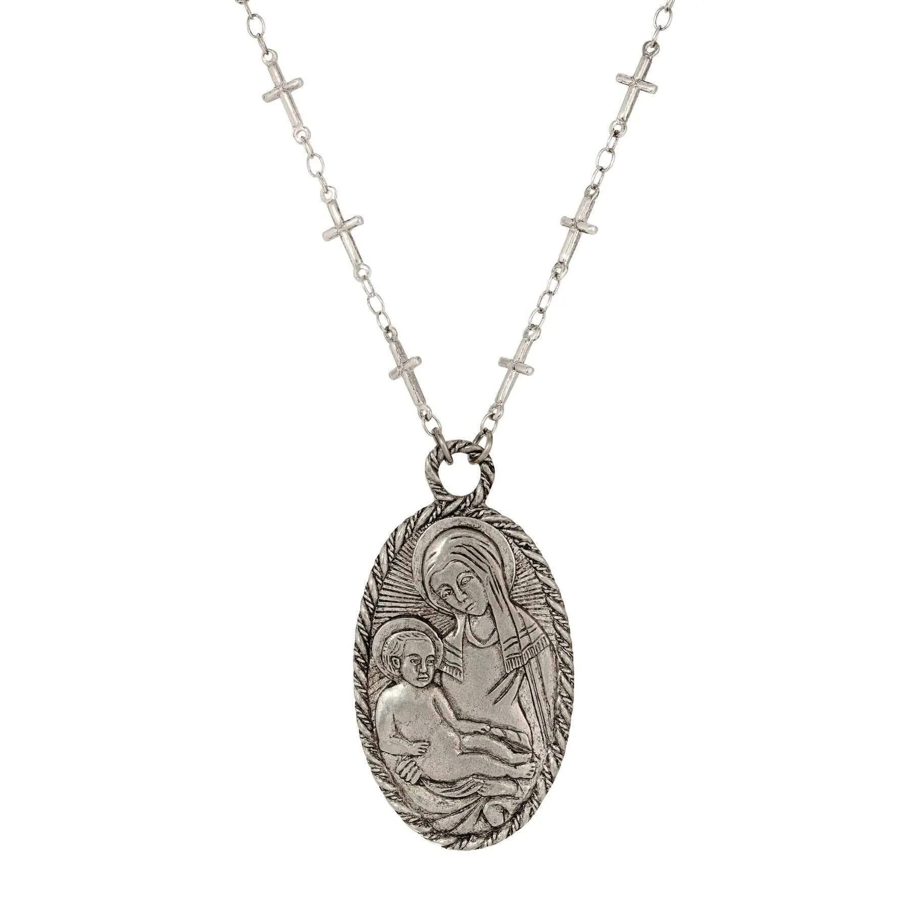 Symbols Of Faith Antiqued Madonna And Child Oval Pendant Cross Necklace 26" 1928 Jewelry