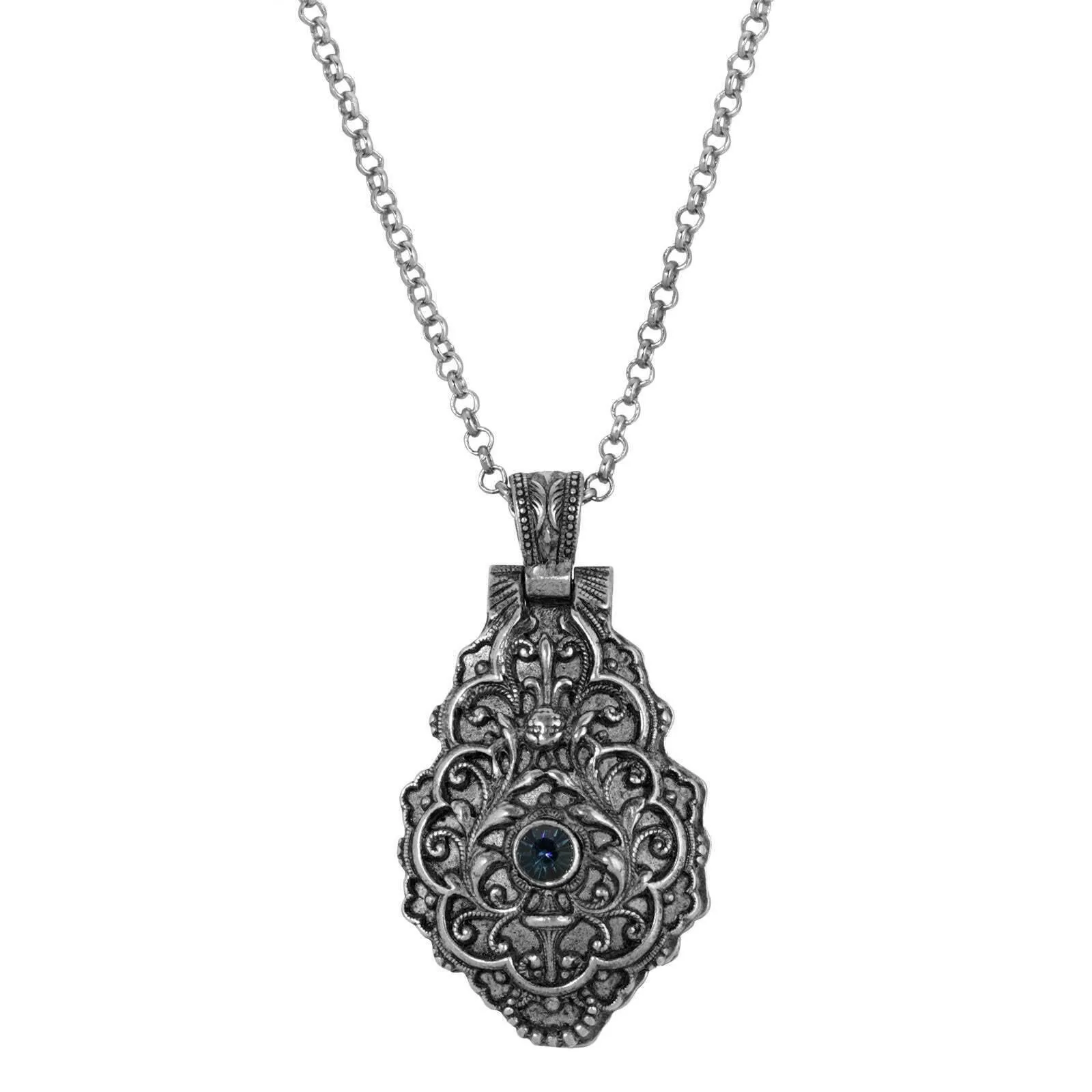 Symbols Of Faith Antiqued Pewter Blue Crystal Cross Locket Necklace 28" 1928 Jewelry