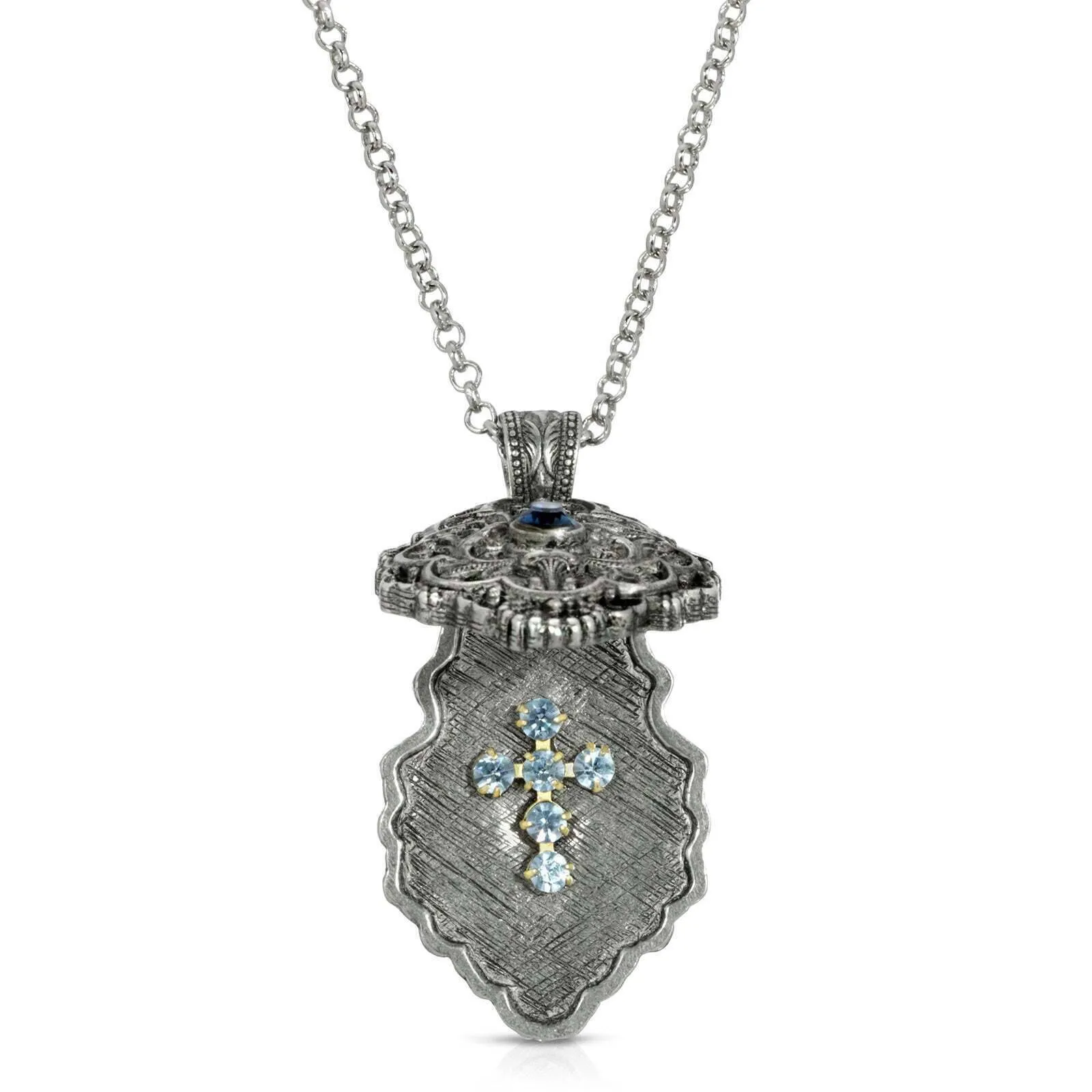 Symbols Of Faith Antiqued Pewter Blue Crystal Cross Locket Necklace 28" 1928 Jewelry