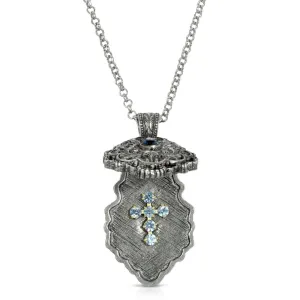 Symbols Of Faith Antiqued Pewter Blue Crystal Cross Locket Necklace 28" 1928 Jewelry