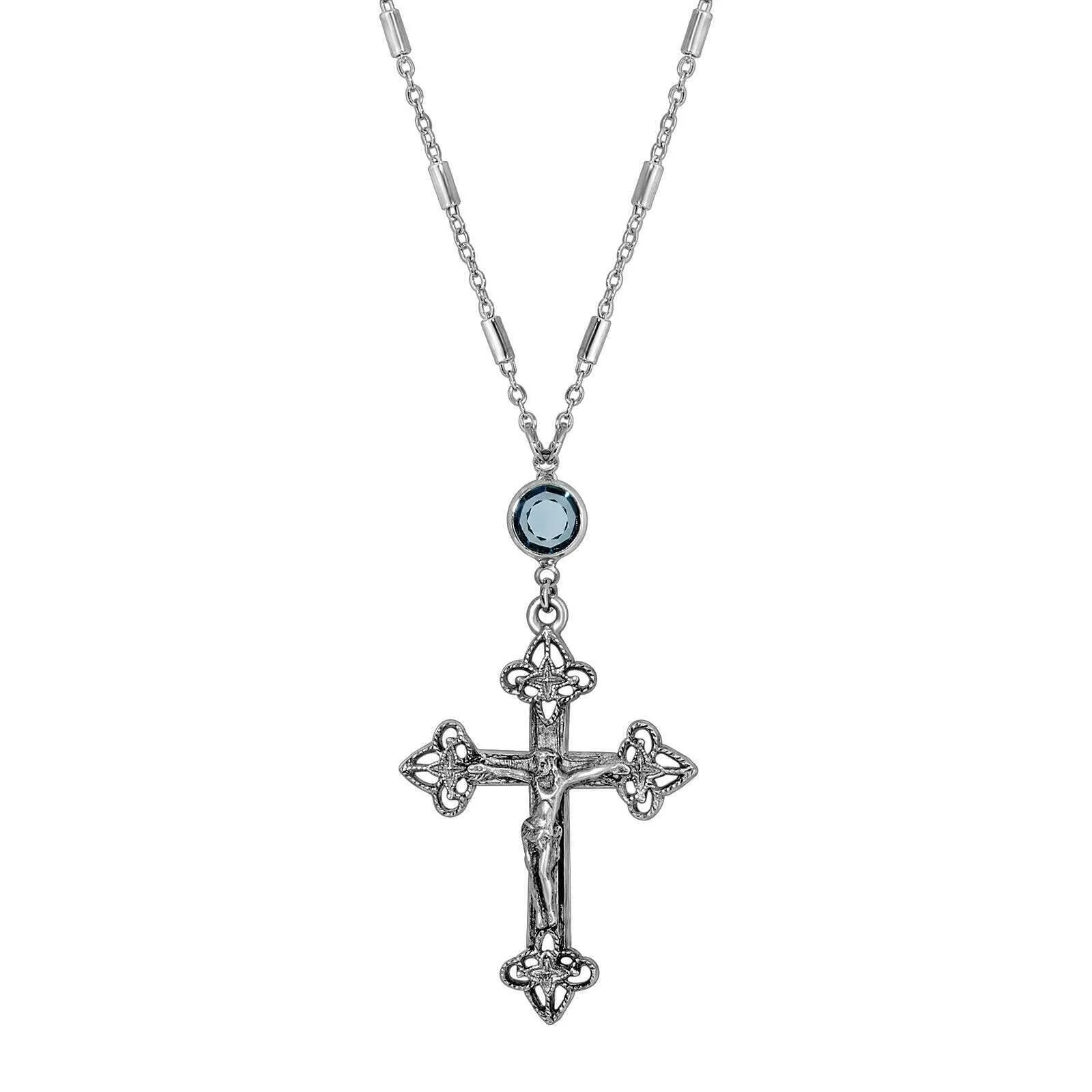 Symbols Of Faith Antiqued Pewter Crucifix Blue Channel Pendant Necklace 18" 1928 Jewelry