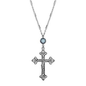 Symbols Of Faith Antiqued Pewter Crucifix Blue Channel Pendant Necklace 18" 1928 Jewelry