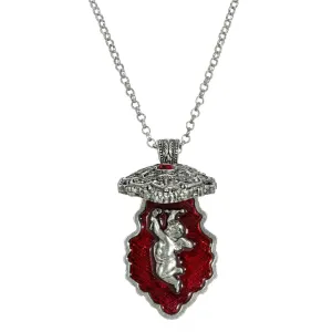 Symbols Of Faith Antiqued Pewter Red Enamel Cherub Reliquary Pendant Necklace 28" 1928 Jewelry