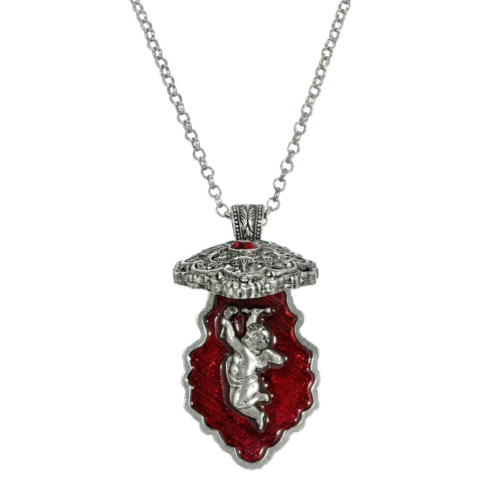 Symbols Of Faith Antiqued Pewter Red Enamel Cherub Reliquary Pendant Necklace 28" 1928 Jewelry