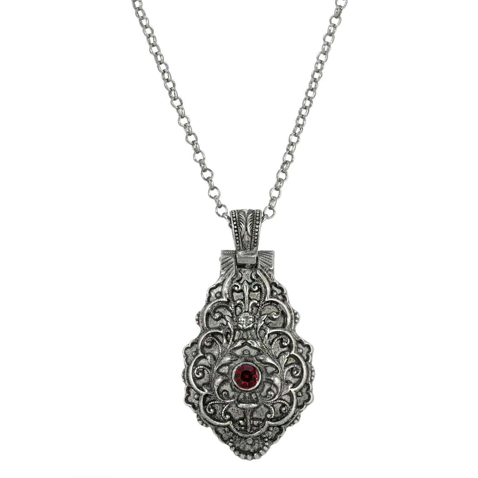 Symbols Of Faith Antiqued Pewter Red Enamel Cherub Reliquary Pendant Necklace 28" 1928 Jewelry