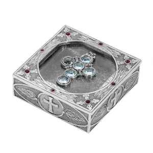 Symbols Of Faith Austrian Channel Crystal Cross And Leaf Pewter Rosary Box 1928 Jewelry
