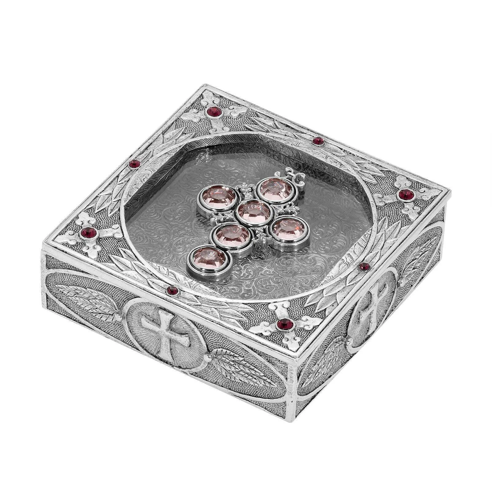 Symbols Of Faith Austrian Channel Crystal Cross And Leaf Pewter Rosary Box 1928 Jewelry