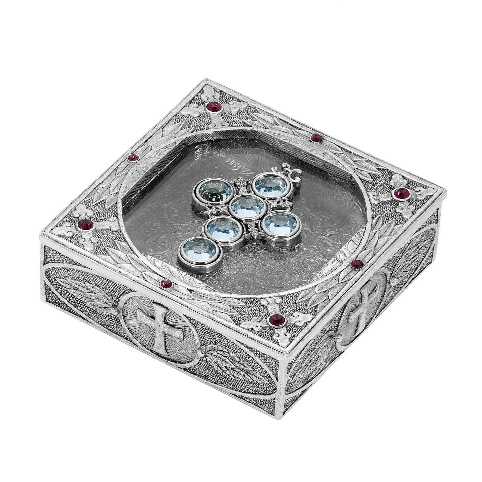 Symbols Of Faith Austrian Channel Crystal Cross And Leaf Pewter Rosary Box 1928 Jewelry