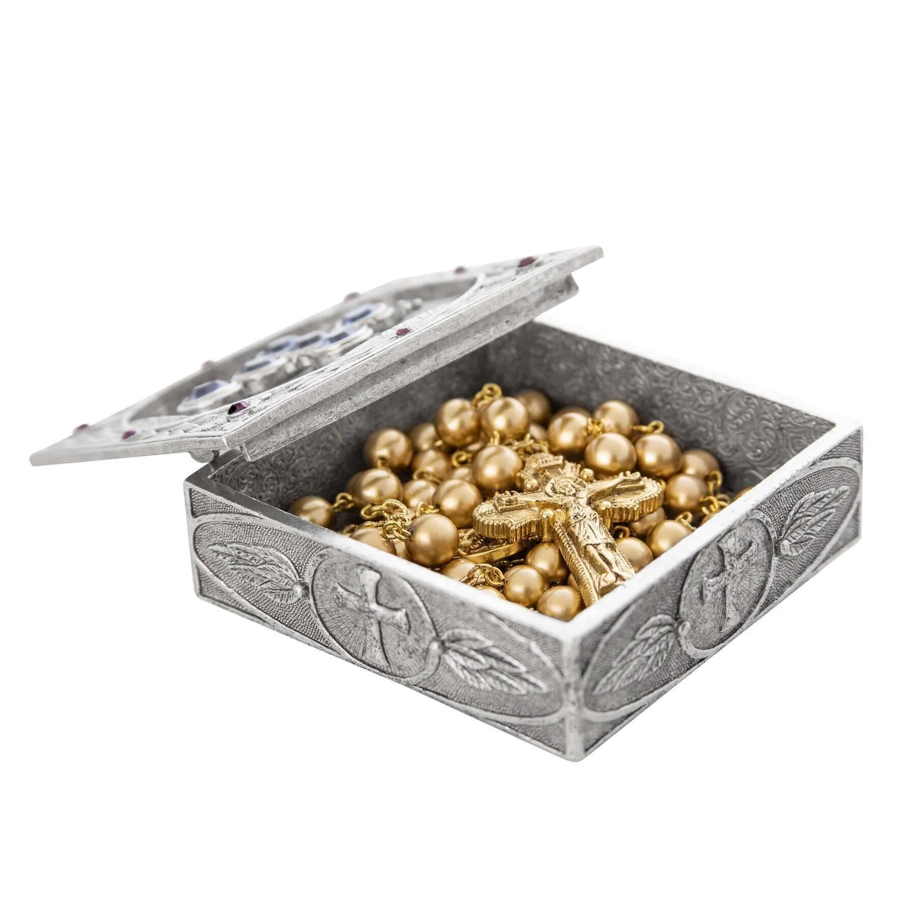 Symbols Of Faith Austrian Channel Crystal Cross And Leaf Pewter Rosary Box 1928 Jewelry