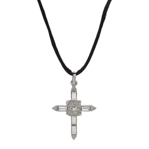 Symbols Of Faith Baguette Crystal Cross Pendant Black Satin Cord Necklace 14"   5" Extender 1928 Jewelry