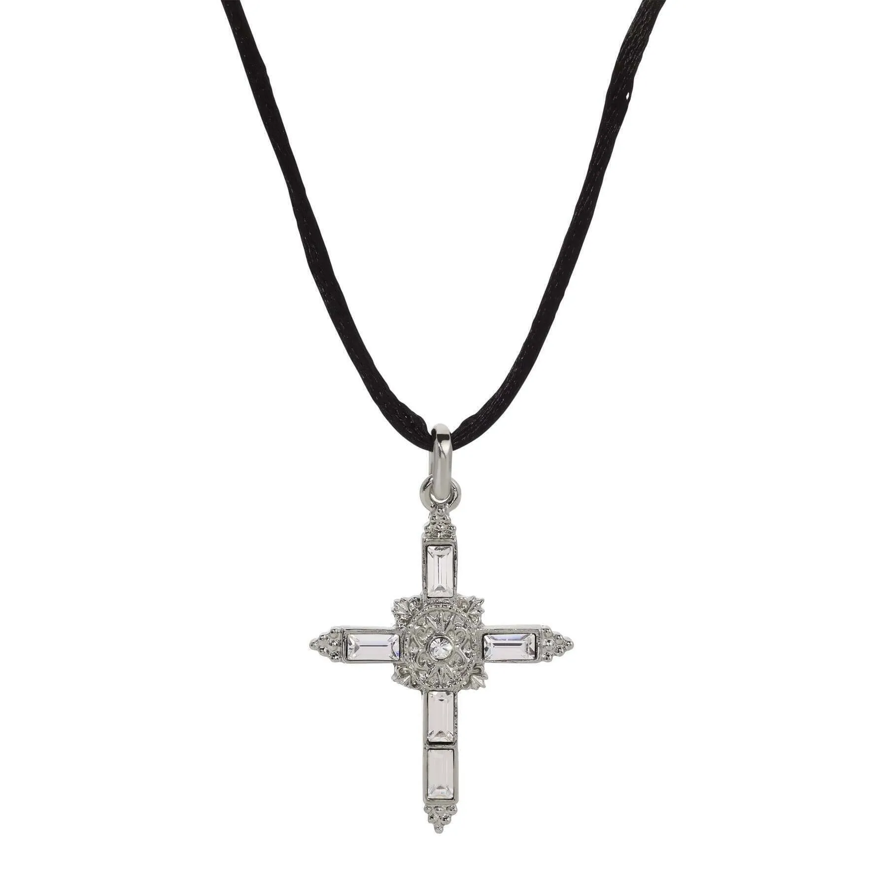 Symbols Of Faith Baguette Crystal Cross Pendant Black Satin Cord Necklace 14"   5" Extender 1928 Jewelry