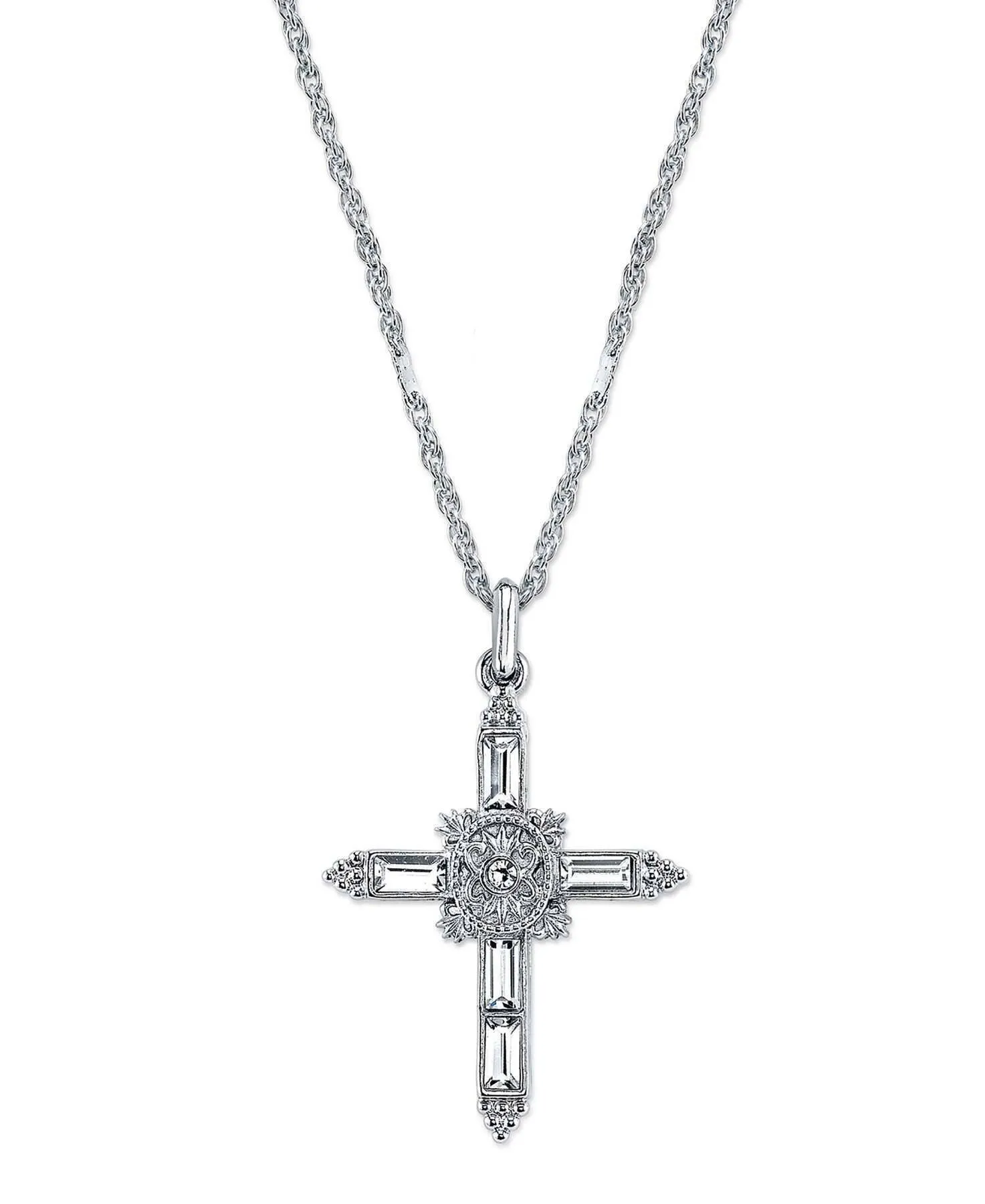 Symbols Of Faith Baguette Cut Crystal Ornate Cross Pendant Necklace 18" 1928 Jewelry