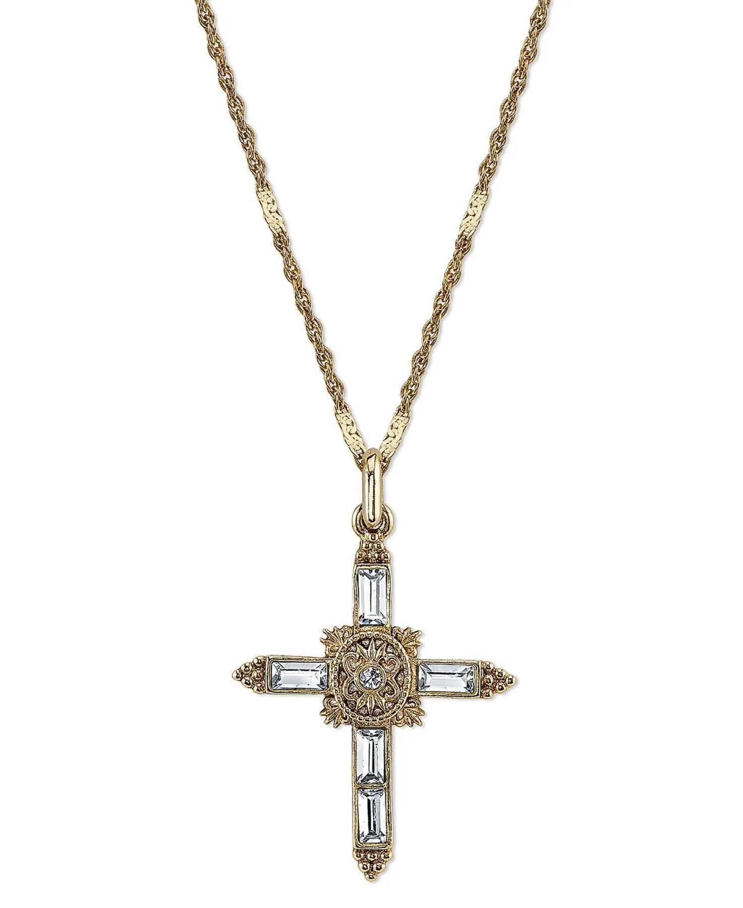Symbols Of Faith Baguette Cut Crystal Ornate Cross Pendant Necklace 18" 1928 Jewelry