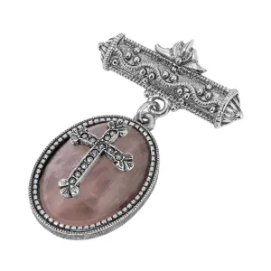 Symbols Of Faith Bar Pin Oval Rose Quartz Cross Brooch 1928 Jewelry