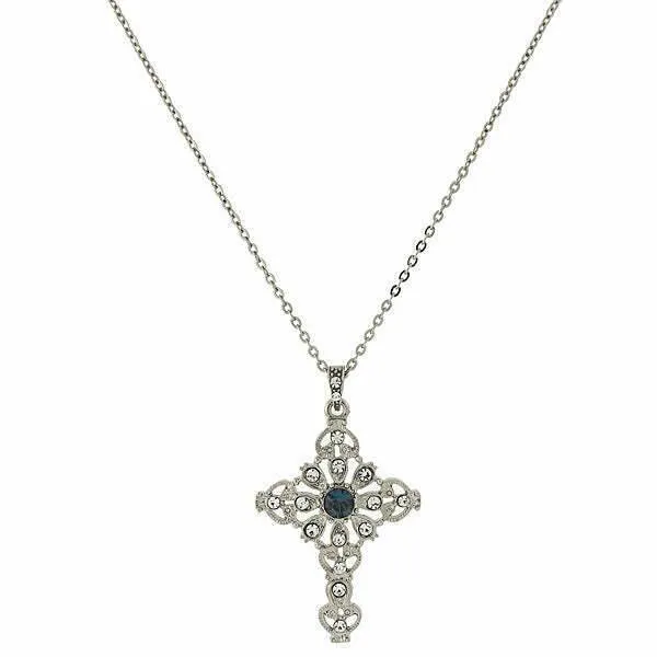 Symbols Of Faith Blue And Crystal Cross Pendant Necklace 16"   3" Extender 1928 Jewelry